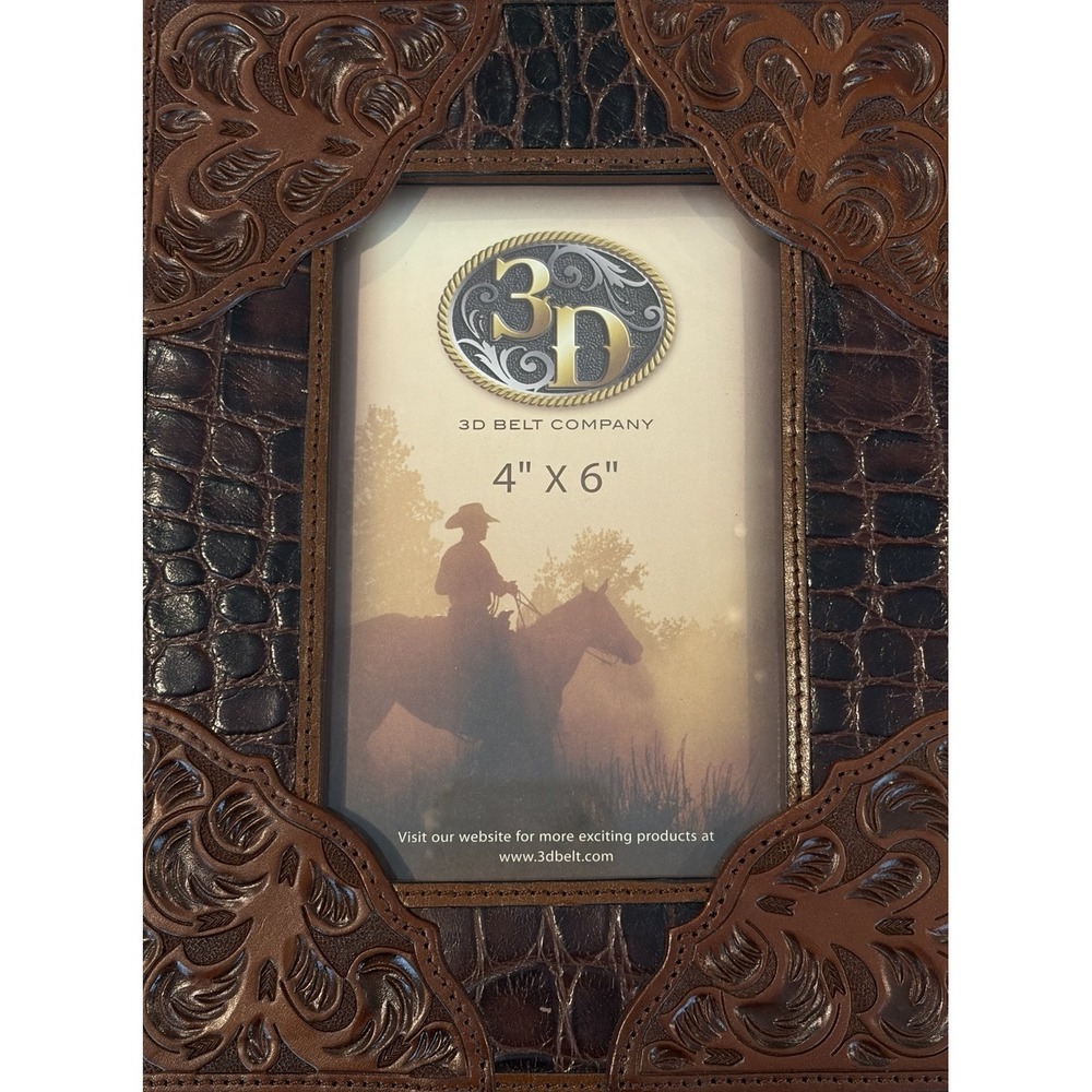 3D Belt‎ Co Leather Western Tooled Croc Inlay 4x6 Photo Frame Brown